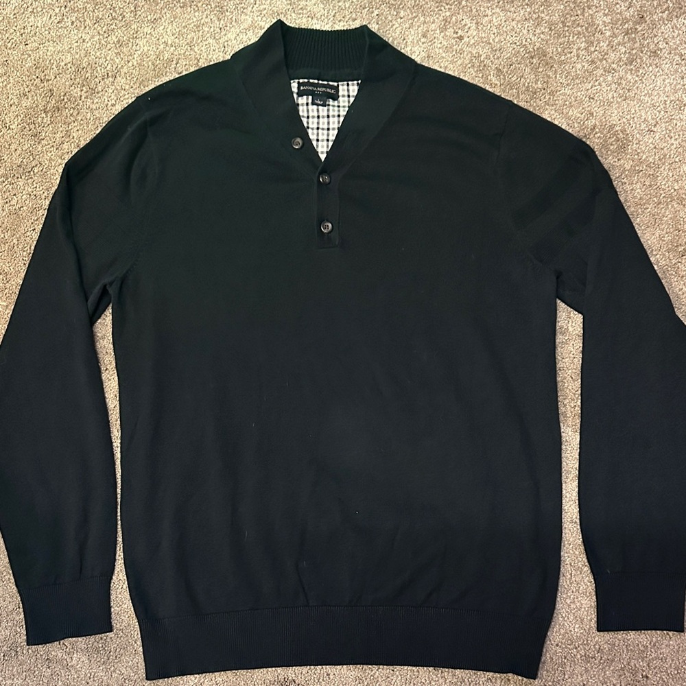 Banana Republic Mens Three Button V Neck Stretch Pullover Sweater Black Size L